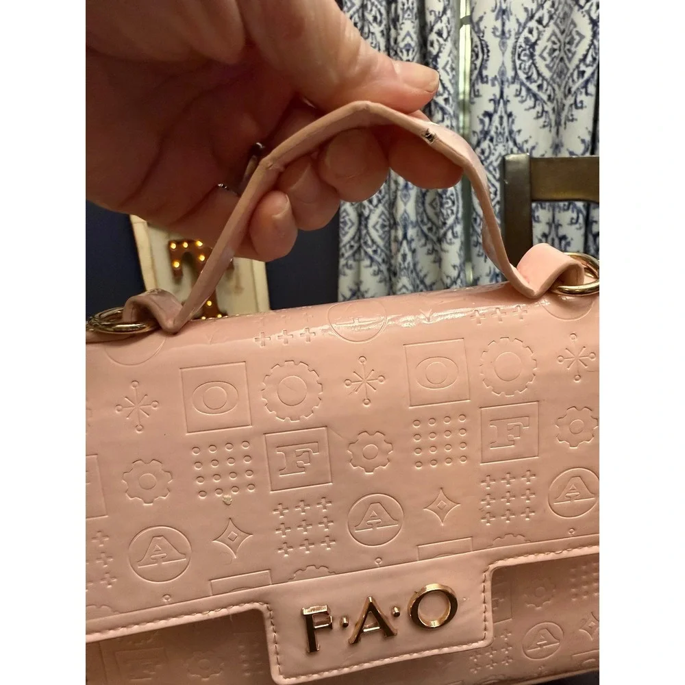 FAO Schwarz Pink Patent Embossed Monogram Top Handle Handbag Gold Logo Bag